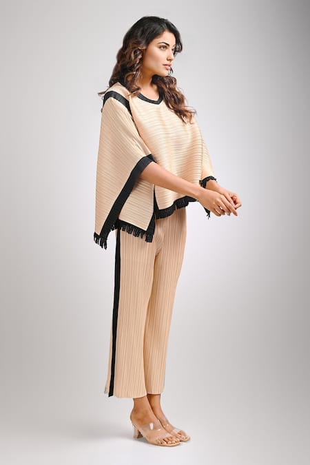 Shop_Crimp_Beige Polyester Fringe V-neck Alyna Textured Top With Pant_at_Aza_Fashions