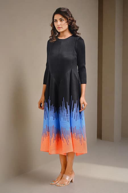Buy_Crimp_Black Polyester Round Neck Peru Print Hem Textured Dress_Online_at_Aza_Fashions