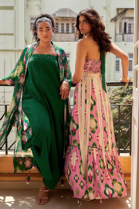 Shop_Style Junkiie_Pink Crepe Halter Neck Ikat Pattern Dress _at_Aza_Fashions