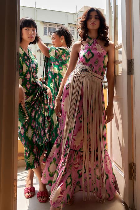 Buy_Style Junkiie_Pink Crepe Halter Neck Ikat Pattern Dress _Online_at_Aza_Fashions