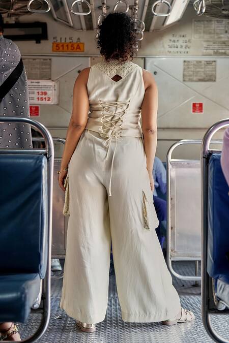 Shop_Style Junkiie_Cream Cotton Sea Salt Cargo Pant _at_Aza_Fashions
