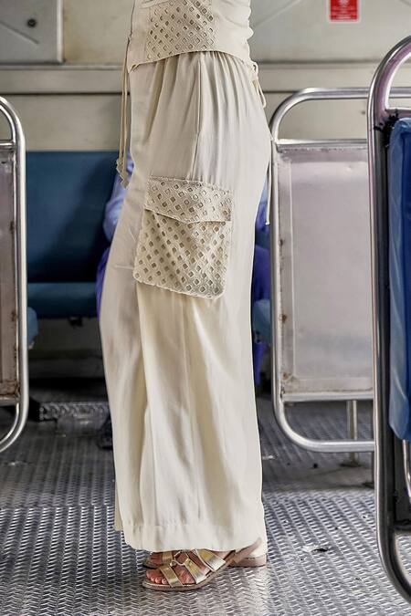 Style Junkiie_Cream Cotton Sea Salt Cargo Pant _Online_at_Aza_Fashions