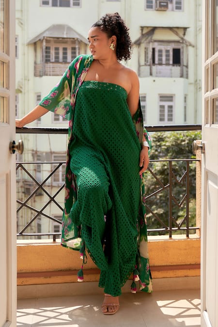 Shop_Style Junkiie_Green Cotton Embroidery Bandeau Neck Cafe Schiffli Tube Jumpsuit _at_Aza_Fashions