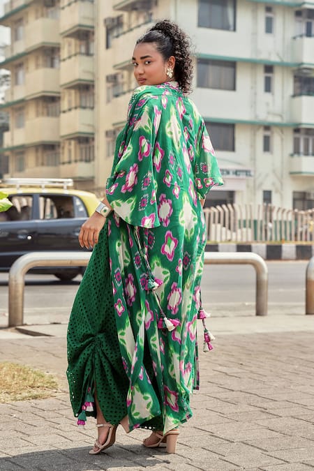 Shop_Style Junkiie_Green Georgette Embroidery Open Neck Cafe Ikat Print Duster Jacket _at_Aza_Fashions