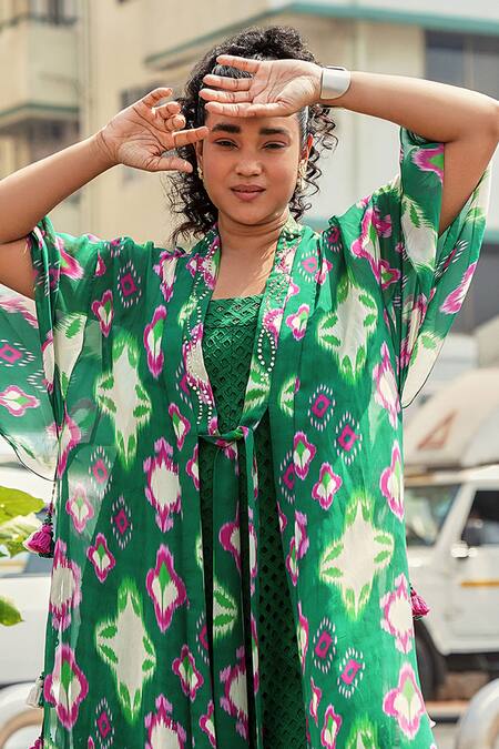 Buy_Style Junkiie_Green Georgette Embroidery Open Neck Cafe Ikat Print Duster Jacket _Online_at_Aza_Fashions