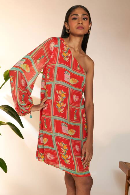 Masaba Red Georgette One Shoulder Checkmate Print Mini Dress Online at Aza Fashions Masaba_Red Georgette One Shoulder Checkmate Print Mini Dress_Online_at_Aza_Fashions