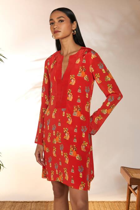 Shop_Masaba_Red Crepe, Silk Beads Split V-neck Small Tangy Print Mini Dress_Online_at_Aza_Fashions