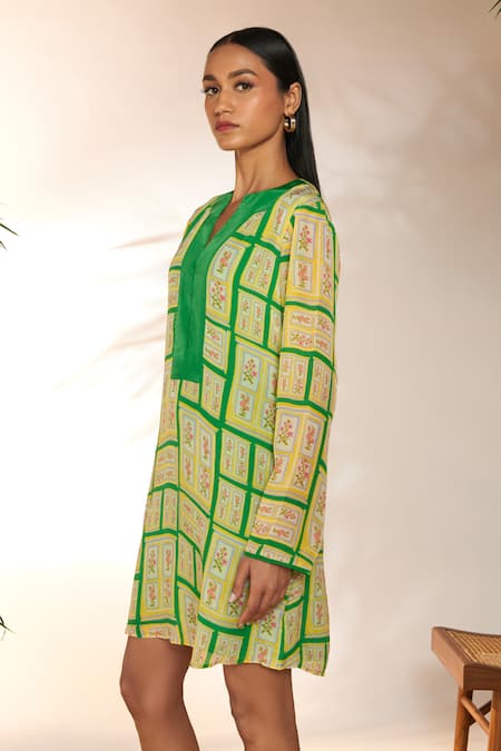 Shop_Masaba_Green Crepe, Silk Beads Split , Open Doors Print Mini Dress_Online_at_Aza_Fashions