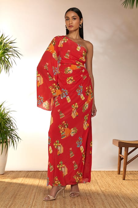 Masaba Red Crepe Silk Printed Tangy One Shoulder Kaftan Dress