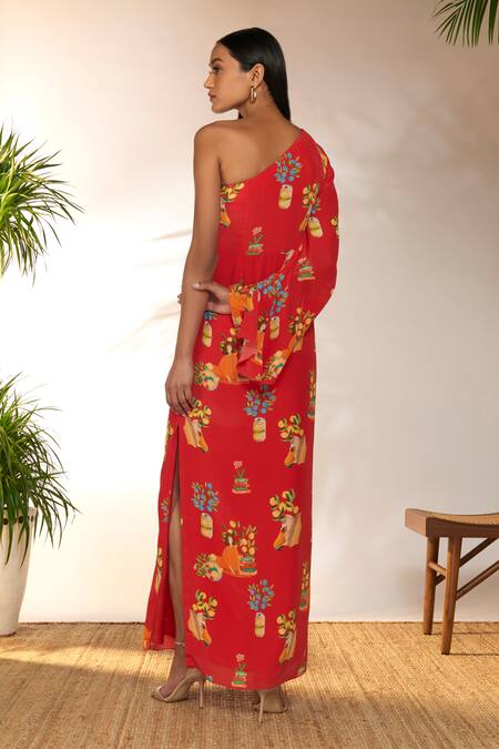 Shop Masaba Red Crepe, Silk One Shoulder Tangy Print Kaftan Dress at Aza Fashions Shop_Masaba_Red Crepe, Silk One Shoulder Tangy Print Kaftan Dress_at_Aza_Fashions
