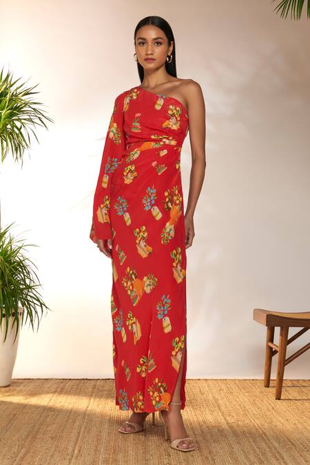 Masaba Red Crepe, Silk One Shoulder Tangy Print Kaftan Dress Online at Aza Fashions Masaba_Red Crepe, Silk One Shoulder Tangy Print Kaftan Dress_Online_at_Aza_Fashions