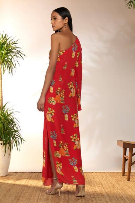 Shop Masaba Red Crepe, Silk One Shoulder Tangy Print Kaftan Dress Online at Aza Fashions Shop_Masaba_Red Crepe, Silk One Shoulder Tangy Print Kaftan Dress_Online_at_Aza_Fashions