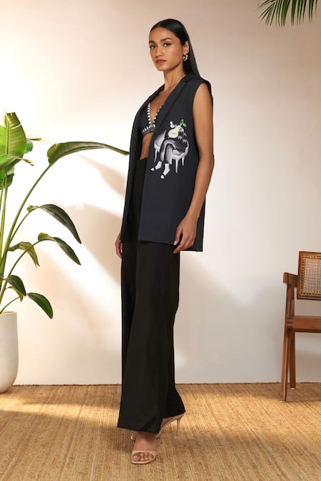 Buy Masaba Black Cotton Embroidery, Piping Tropicool Print Sleeveless Blazer With Bustier Online at Aza Fashions Buy_Masaba_Black Cotton Embroidery, Piping Tropicool Print Sleeveless Blazer With Bustier_Online_at_Aza_Fashions