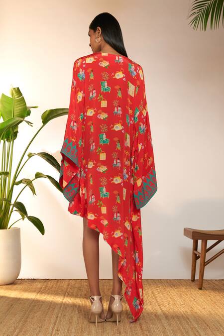 Shop_Masaba_Red Viscose, Crepe Embroidery V-neck Jam And Toast Print Asymmetric Kaftan_at_Aza_Fashions