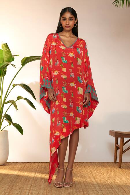 Masaba_Red Viscose, Crepe Embroidery V-neck Jam And Toast Print Asymmetric Kaftan_Online_at_Aza_Fashions