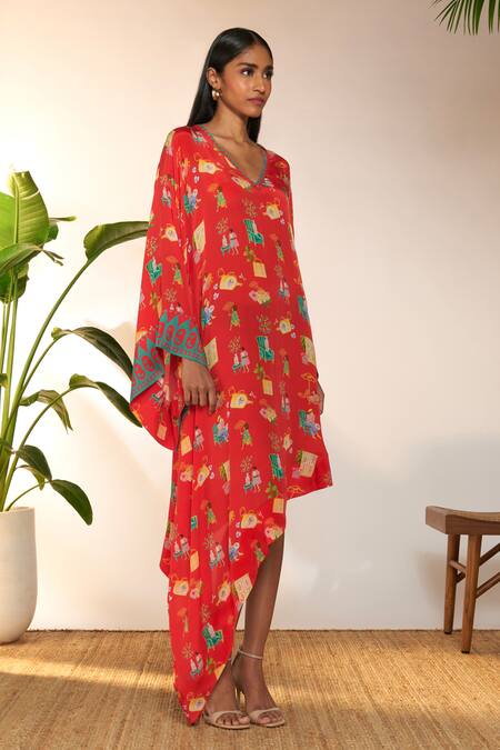 Buy_Masaba_Red Viscose, Crepe Embroidery V-neck Jam And Toast Print Asymmetric Kaftan_Online_at_Aza_Fashions