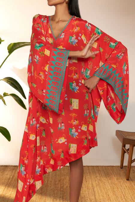 Shop_Masaba_Red Viscose, Crepe Embroidery V-neck Jam And Toast Print Asymmetric Kaftan_Online_at_Aza_Fashions