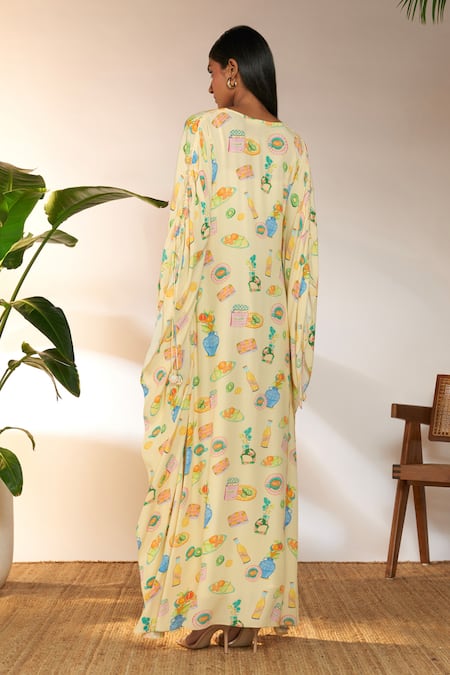 Shop_Masaba_Ivory Viscose, Crepe Tassels V-neck Everyday Things Print Ruched Kaftan_at_Aza_Fashions