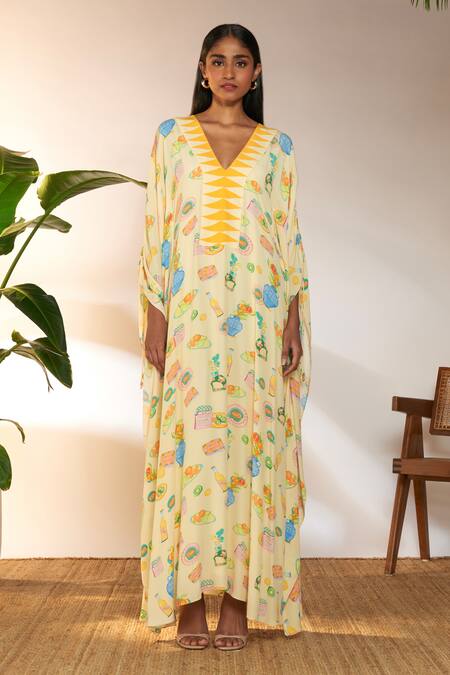 Masaba_Ivory Viscose, Crepe Tassels V-neck Everyday Things Print Ruched Kaftan_Online_at_Aza_Fashions