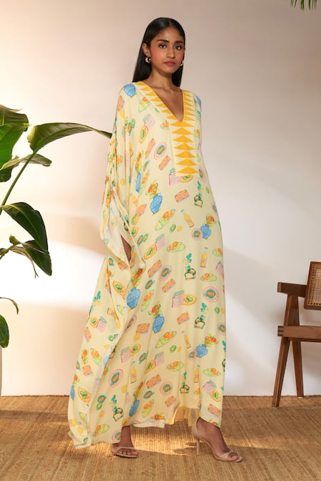 Buy_Masaba_Ivory Viscose, Crepe Tassels V-neck Everyday Things Print Ruched Kaftan_Online_at_Aza_Fashions