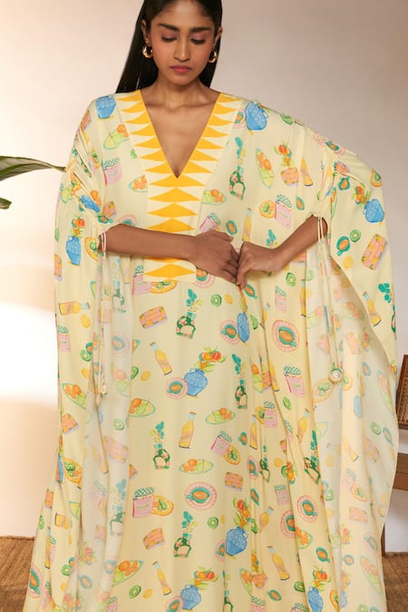 Shop_Masaba_Ivory Viscose, Crepe Tassels V-neck Everyday Things Print Ruched Kaftan_Online_at_Aza_Fashions