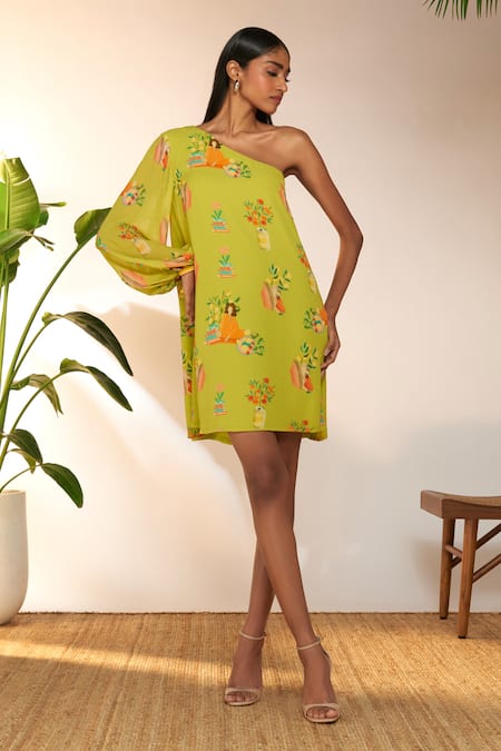 Masaba Green Georgette Printed Tangy One Shoulder Mini Dress
