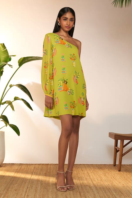 Masaba_Green Georgette Tassels One Shoulder Tangy Print Mini Dress_Online_at_Aza_Fashions