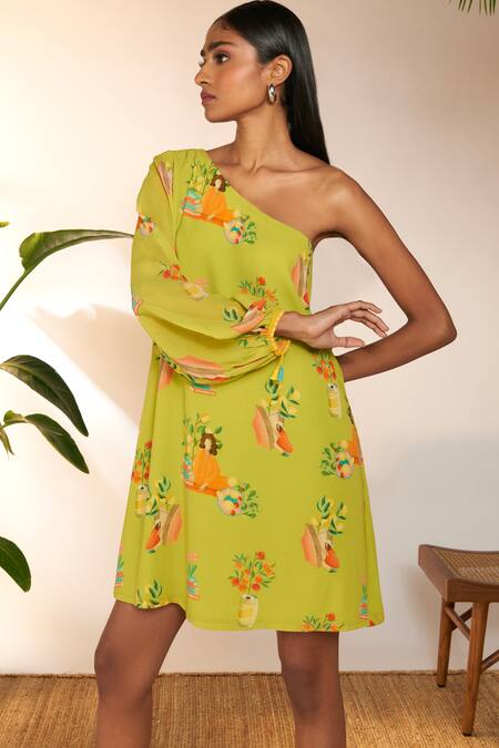 Buy_Masaba_Green Georgette Tassels One Shoulder Tangy Print Mini Dress_Online_at_Aza_Fashions