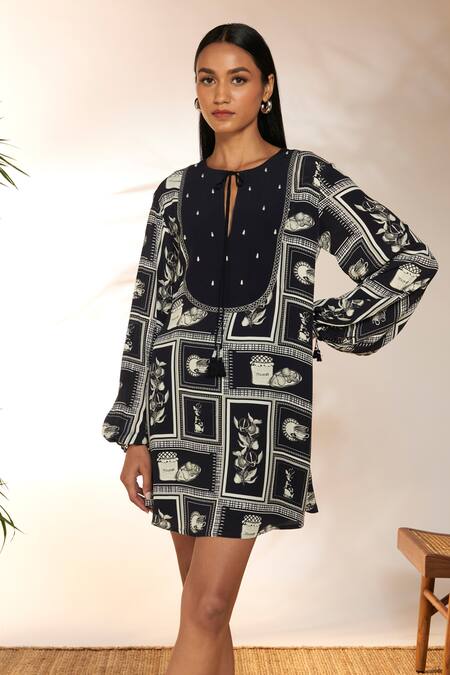 Shop Masaba Black Crepe, Silk Pearls Round Neck Checkmate Print And Embroidered Mini Dress Online at Aza Fashions Shop_Masaba_Black Crepe, Silk Pearls Round Neck Checkmate Print And Embroidered Mini Dress_Online_at_Aza_Fashions