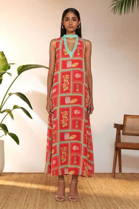 Masaba_Red Georgette Bandeau Neck Checkmate Print Maxi Dress_Online_at_Aza_Fashions