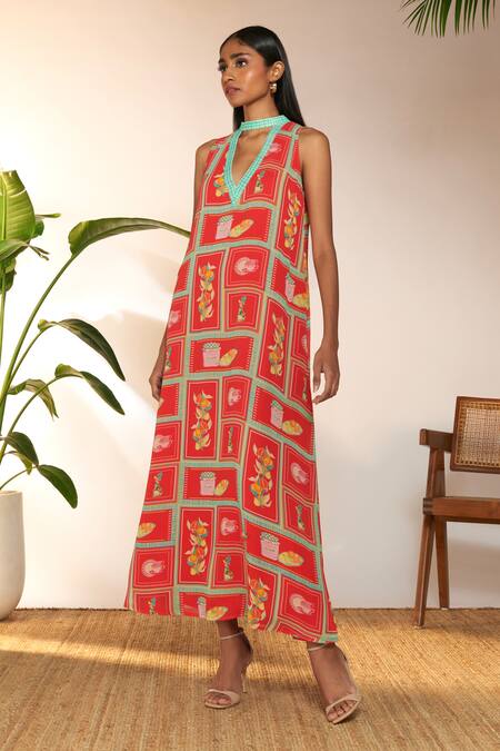 Buy_Masaba_Red Georgette Bandeau Neck Checkmate Print Maxi Dress_Online_at_Aza_Fashions