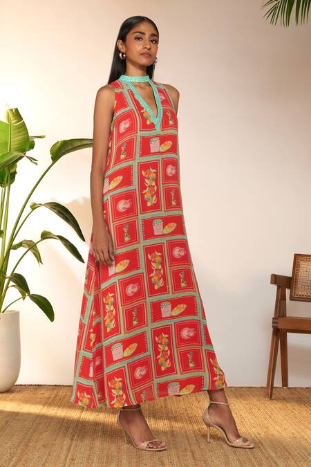 Shop_Masaba_Red Georgette Bandeau Neck Checkmate Print Maxi Dress_Online_at_Aza_Fashions