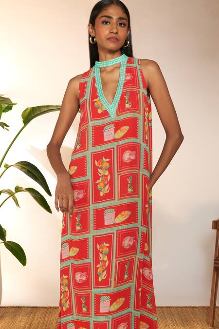 Masaba_Red Georgette Bandeau Neck Checkmate Print Maxi Dress_at_Aza_Fashions