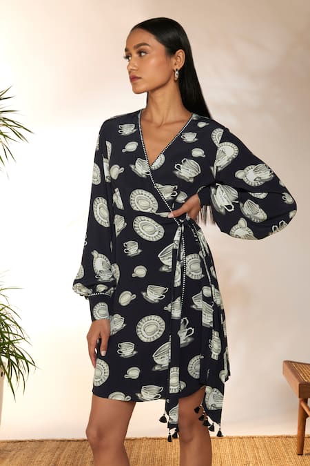 Shop_Masaba_Black Crepe, Silk V-neck Special Cutting Print Wrap Dress_Online_at_Aza_Fashions