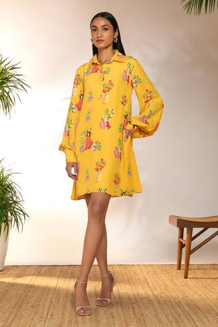 Masaba Yellow Crepe Silk Printed Tangy Shirt Collar Mini Dress