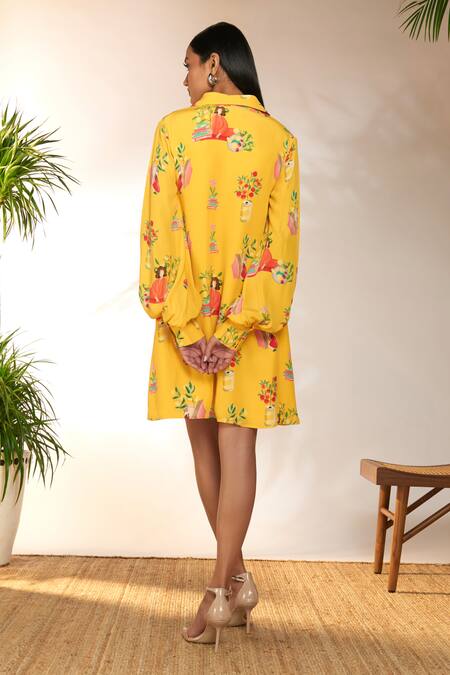 Shop Masaba Yellow Crepe, Silk Tangy Print Mini Collared Dress at Aza Fashions Shop_Masaba_Yellow Crepe, Silk Tangy Print Mini Collared Dress_at_Aza_Fashions