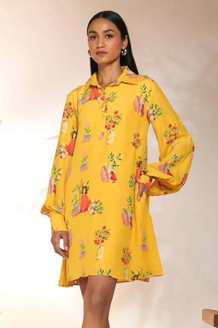 Masaba Yellow Crepe, Silk Tangy Print Mini Collared Dress Online at Aza Fashions Masaba_Yellow Crepe, Silk Tangy Print Mini Collared Dress_Online_at_Aza_Fashions