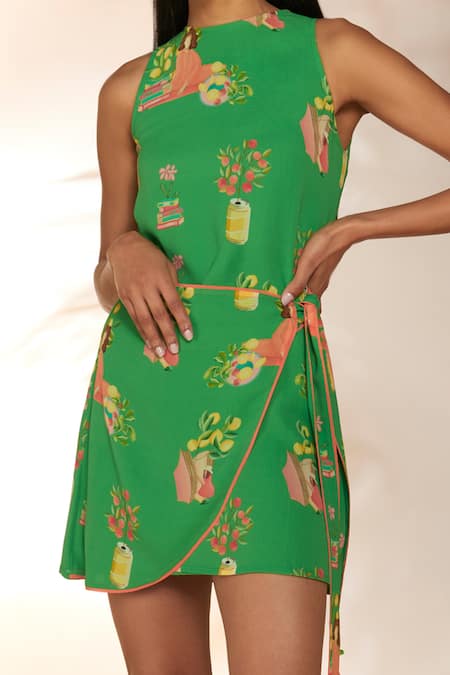 Shop_Masaba_Green Georgette Tassels High Neck Tangy Print Mini Wrap Dress_Online_at_Aza_Fashions