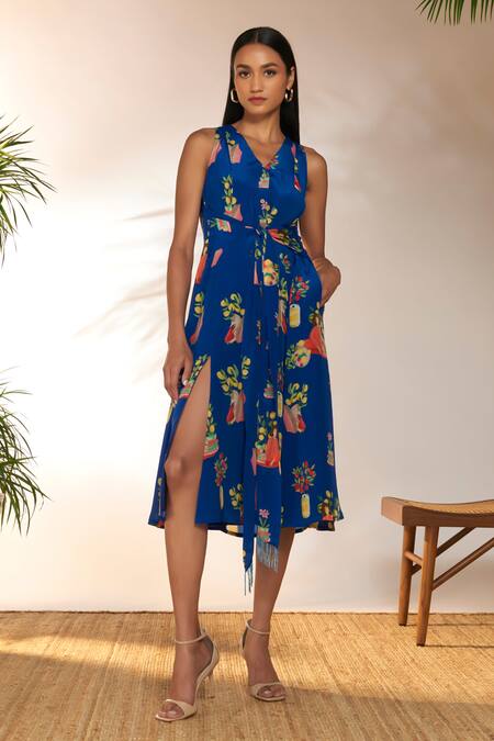 Masaba_Blue Crepe, Silk Beads V-neck Tangy Print Midi Dress_Online_at_Aza_Fashions