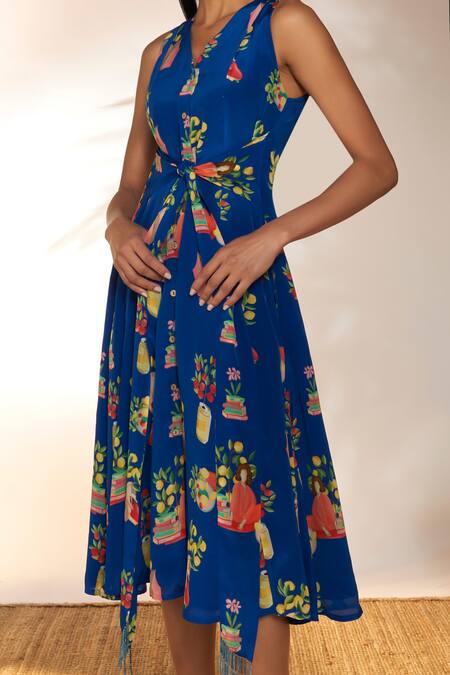 Shop_Masaba_Blue Crepe, Silk Beads V-neck Tangy Print Midi Dress_Online_at_Aza_Fashions