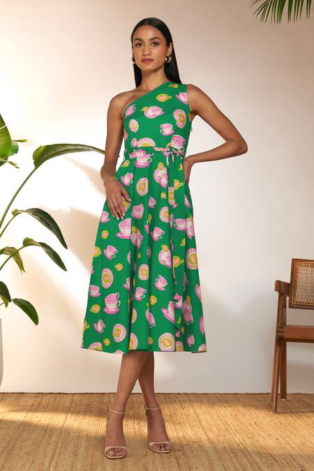 Masaba_Green Cotton Tassels One Shoulder Special Cutting Print Dress_Online_at_Aza_Fashions