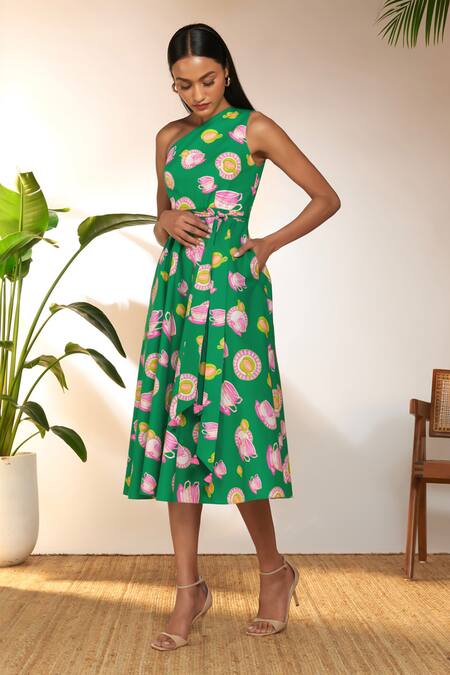 Buy_Masaba_Green Cotton Tassels One Shoulder Special Cutting Print Dress_Online_at_Aza_Fashions