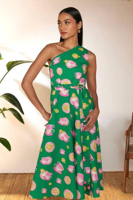 Masaba_Green Cotton Tassels One Shoulder Special Cutting Print Dress_at_Aza_Fashions