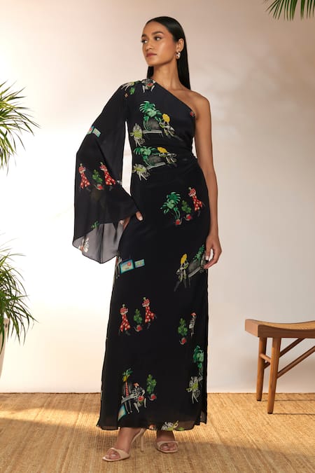 Masaba Black Crepe Silk Printed Tropicool One Shoulder Dress