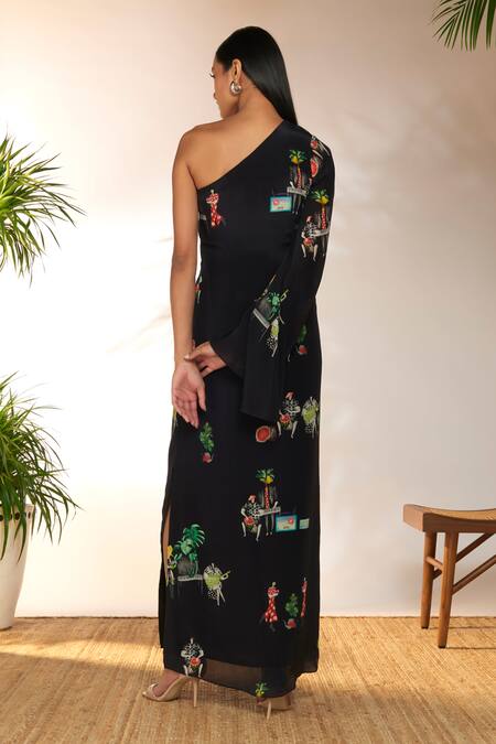 Shop Masaba Black Crepe, Silk One Shoulder Tropicool Print Dress at Aza Fashions Shop_Masaba_Black Crepe, Silk One Shoulder Tropicool Print Dress_at_Aza_Fashions