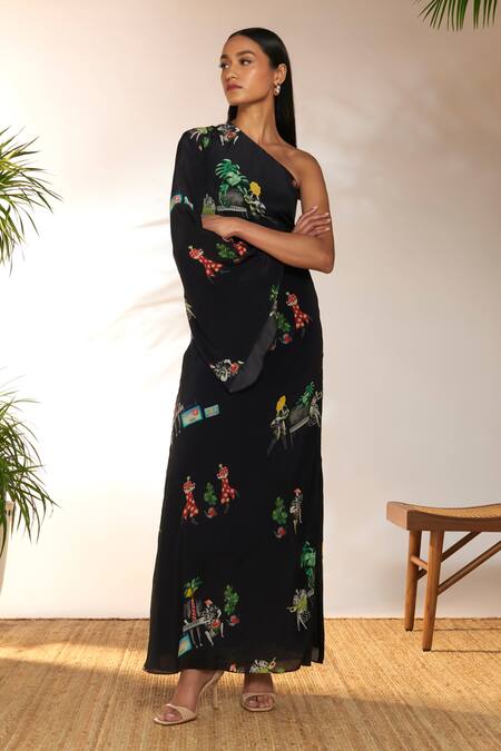 Masaba Black Crepe, Silk One Shoulder Tropicool Print Dress Online at Aza Fashions Masaba_Black Crepe, Silk One Shoulder Tropicool Print Dress_Online_at_Aza_Fashions