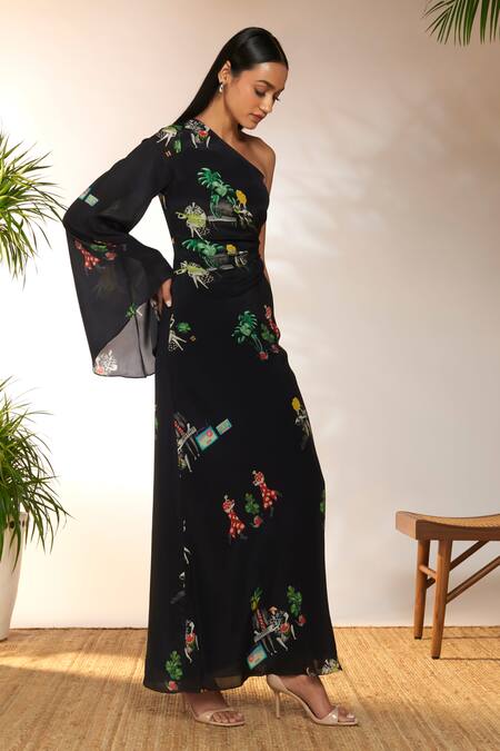 Buy Masaba Black Crepe, Silk One Shoulder Tropicool Print Dress Online at Aza Fashions Buy_Masaba_Black Crepe, Silk One Shoulder Tropicool Print Dress_Online_at_Aza_Fashions