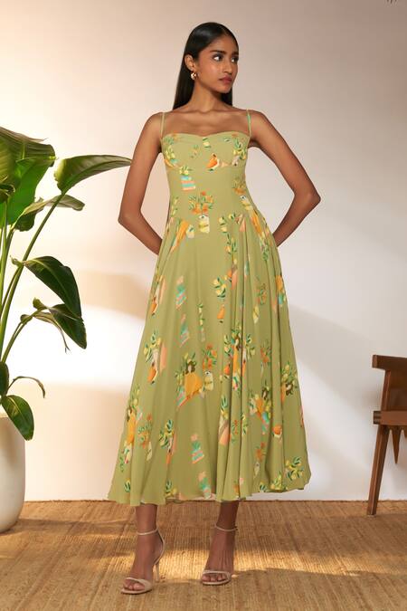 Masaba_Green Crepe, Silk Sweetheart Neck Tangy Print Corset Dress_Online_at_Aza_Fashions