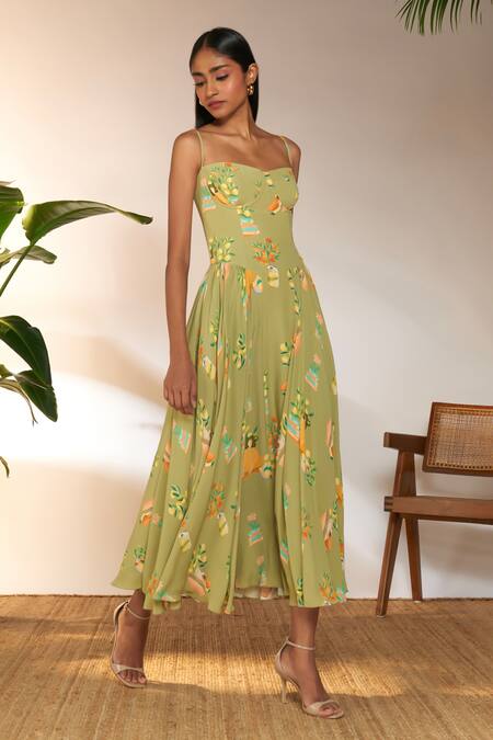 Buy_Masaba_Green Crepe, Silk Sweetheart Neck Tangy Print Corset Dress_Online_at_Aza_Fashions