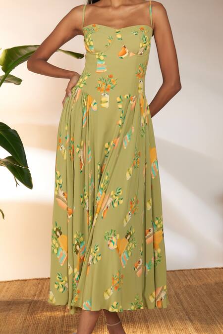Shop_Masaba_Green Crepe, Silk Sweetheart Neck Tangy Print Corset Dress_Online_at_Aza_Fashions